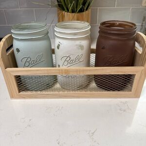 Ball Mason Jar Set with Wooden Holder - Blue, White, Brown